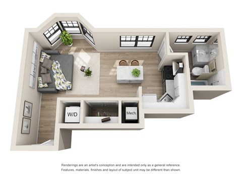 A 3D rendered image of a house layout with labeled rooms.